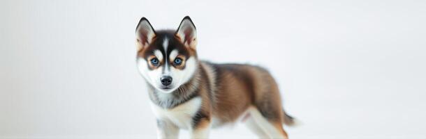 Cute and Playful Siberian Husky Puppy Portrait with Blue Eyes on White Background photo