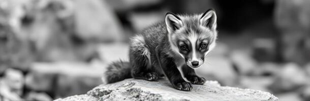 Cute Inquisitive Young Fox Kit in Black and White Close-Up Portrait with Soft Fur and Alert Expression in Natural Habitat photo