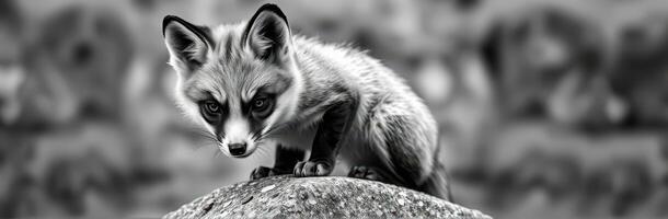 Cute Black and White Fox Portrait with Bushy Tail in Nature Setting Amidst Blurred Background photo
