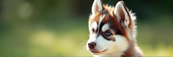 Cute Portrait of an Adorable Siberian Husky Puppy with Fluffy Fur and Blue Eyes in a Serene Outdoor Park Setting photo