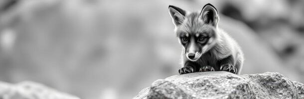 Cute Fox Cub Portrait in Monochrome - Inquisitive Furry Mammal Exploring Nature's Wilderness photo