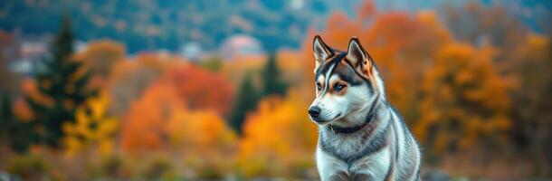 Siberian Husky in Autumn Landscape. Adorable Dog Portrait with Fall Colors and Scenic Nature Background photo