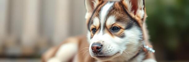 Cute Puppy Portrait. Adorable Fluffy Dog Closeup in Outdoor Nature Setting with Bokeh Background photo