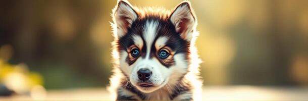 Cute Adorable Puppy with Blue Eyes and Fluffy Fur in Soft Focus Bokeh Background photo