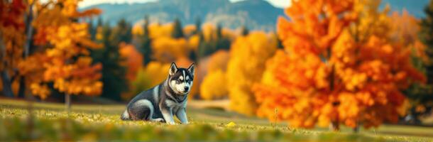 Cute Siberian Husky Puppy Jumping Through Colorful Autumn Leaves in Scenic Forest Landscape with Blue Sky and Sunlight photo