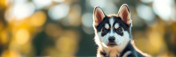 Cute and Playful Puppy Husky Portrait in Nature with Fluffy Ears and Happy Expression photo