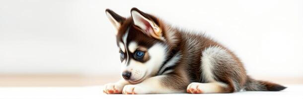 Cute Siberian Husky Puppy with Blue Eyes Lying Down in Natural Light photo