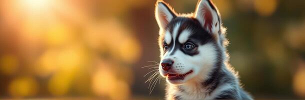 Cute Puppy Portrait Outdoors at Sunset. Adorable Fluffy Husky with Blue Eyes and Happy Expression in Autumn Bokeh Background photo
