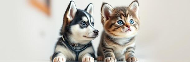 Adorable Puppy and Kitten Companionship. Happy Pets with Fluffy Fur and Blue Eyes in Natural Light photo