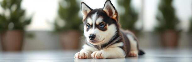 Cute and Playful Siberian Husky Puppy with Blue Eyes Relaxing Indoors Among Potted Plants photo