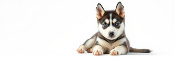 Adorable Close-Up Portrait of a Happy Puppy with Blue Eyes and Upright Ears on White Background photo