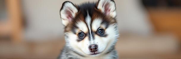 Cute and Adorable Puppy Portrait. Close-up of a Playful Siberian Husky with Fluffy Ears and Sweet Puppy Eyes photo