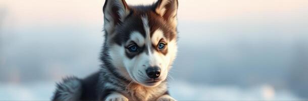 Adorable Blue-Eyed Siberian Husky Puppy Portrait in Natural Light with Fluffy Fur and Playful Expression photo
