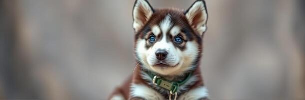 Cute and Adorable Siberian Husky Puppy Portrait with Blue Eyes and Fluffy Fur in Nature Background photo