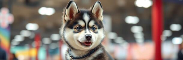 Happy Fluffy Siberian Husky Puppy with Adorable Smile in Bright Indoors Pet Store Setting photo