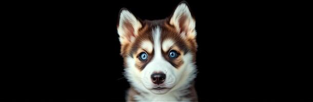 Cute Closeup Portrait of a Fluffy Brown and White Husky Puppy with Blue Eyes on a Black Background - Adorable Canine Companion for Pet Lovers photo
