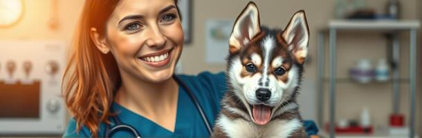 Happy Veterinarian Assesses Cute Husky Puppy at Veterinary Clinic. Quality Animal Care and Pet Health Services photo
