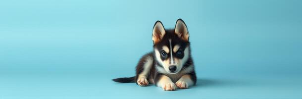 Cute Siberian Husky Puppy Laying Down in Portrait with Bright Blue Background - Adorable Small Dog with Puppy Eyes and Black and White Fur photo