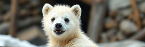 Polar Bear Cub Closeup Portrait in Natural Habitat - Cute Wildlife Photography of Endangered Bear with Adorable Expression and Playful Energy photo