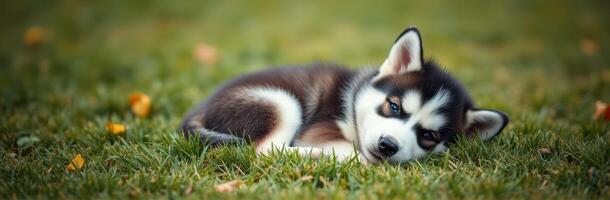 Cute Puppy Siberian Husky Laying on Green Grass in Autumn Garden Setting with Warm Lighting and Adorable Blue Eyes photo