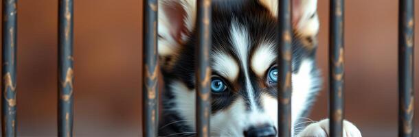 Puppy Behind Bars. Adorable Young Dog with Blue Eyes Longing for Freedom at Animal Shelter photo