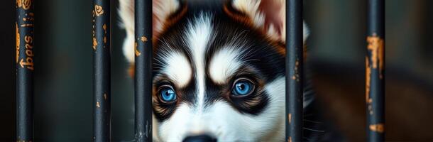 Adorable Puppy with Blue Eyes Longing Behind Bars at Shelter - Cute Furry Friend Portrait photo