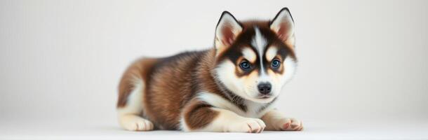 Cute Siberian Husky Puppy with Blue Eyes Lying Down on White Background - Adorable Young Dog Portrait photo