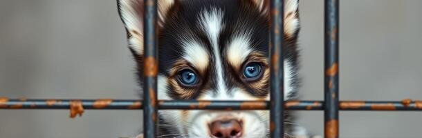 Cute Puppy with Blue Eyes Behind Bars. Adorable Rescue Dog at Shelter Showcasing Innocent Look and Sad Expression photo