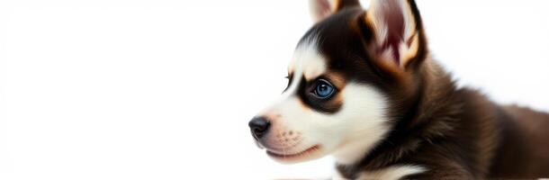 Cute Siberian Husky Puppy Portrait with Blue Eyes and Brown Fur on White Background - Adorable Canine for Dog Lovers photo