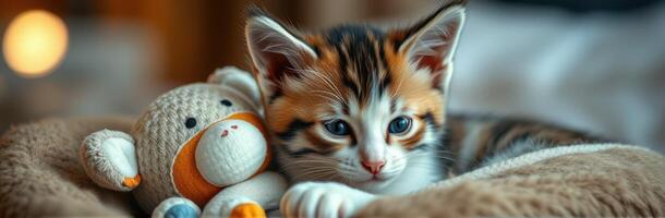 Cute and Playful Calico Kitten with Stuffed Animal Toy in Cozy Indoor Setting photo