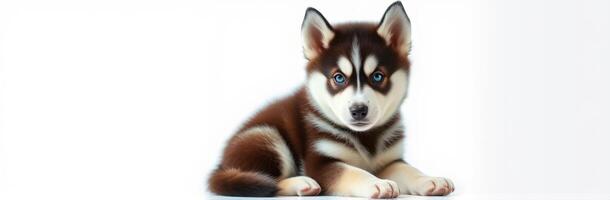 Adorable Siberian Husky Puppy with Blue Eyes and Fluffy Fur on White Background photo