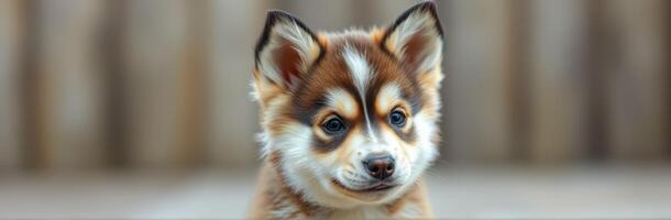 Cute Fluffy Puppy Portrait. Adorable Young Dog with Charming Expression and Wagging Tail Indoors photo