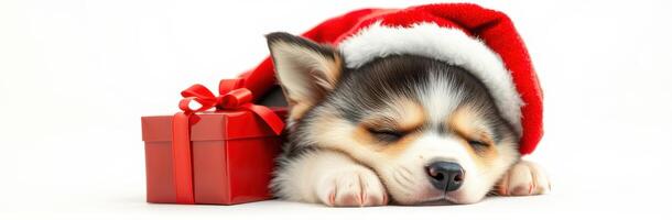 Cozy Christmas Scene. Adorable Sleeping Puppy in Santa Hat with Red Gift Box on White Background photo