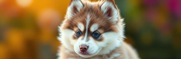 Cute and Adorable Puppy Portrait. Fluffy Brown Siberian Husky with Blue Eyes in Natural Outdoor Setting photo