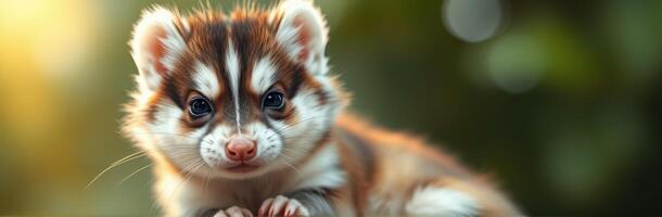 Adorable Young Striped Mammal Close-Up in Vibrant Nature. Cute Furry Wildlife Portrait with Whiskers and Bright-Eyed Expression photo