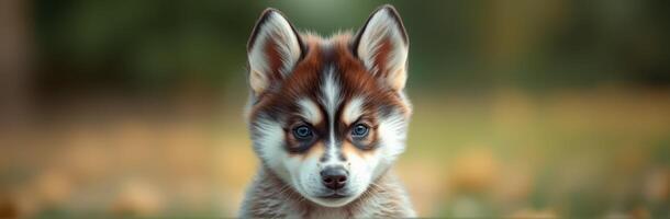 Cute Portrait of a Fluffy Puppy. Adorable Siberian Husky with Blue Eyes and Playful Expression in Nature Background photo