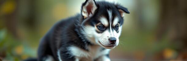Cute and Playful Siberian Husky Puppy with Blue Eyes in Nature Setting - Adorable Close-Up Portrait of a Young Furry Friend photo