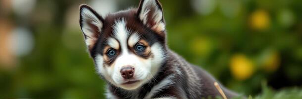 Adorable Siberian Husky Puppy with Blue Eyes Playing in Green Garden Background photo