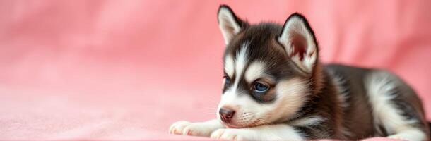 Cute and Adorable Husky Puppy with Blue Eyes Resting on a Pink Background - Fluffy, Playful Canine Expression for Dog Lovers photo