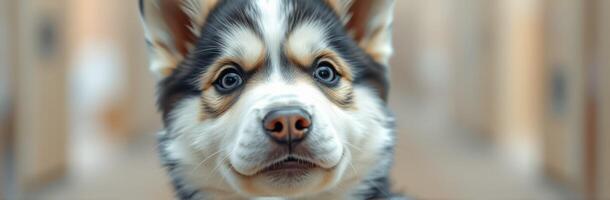 Cute and Adorable Close-Up Portrait of a Fluffy Siberian Husky Puppy with Bright Eyes and Charming Expression in Natural Light photo