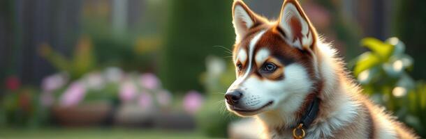 Siberian Husky Puppy Portrait in a Vibrant Garden Setting with Warm Sunlight and Blurred Background photo