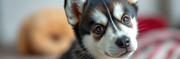 Cute and Adorable Puppy Portrait with Furry Face and Brown Eyes, Happy Domestic Dog Close-Up in Indoor Bokeh Background photo