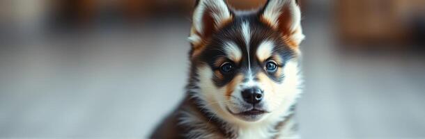 Cute and Adorable Puppy Portrait with Fluffy Fur and Playful Expression in Natural Light photo