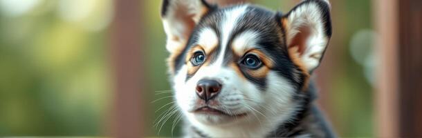 Cute Puppy Portrait with Blue Eyes and Fluffy Coat in Nature Background - Adorable Siberian Husky Close-Up Photography photo
