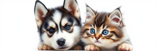 Puppy and Kitten with Blue Eyes. Adorable Friendship of Fluffy Pets in a Cute Animals Photography Portrait photo