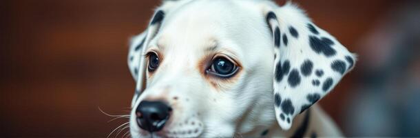 Dalmatian Puppy with Blue Eyes. Adorable Close-up Animal Portrait of a Spotted Dog photo