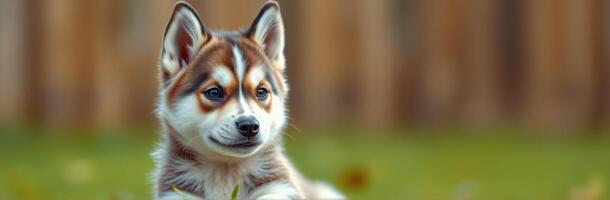 Cute and Playful Husky Mixed Breed Puppy in Adorable Outdoor Setting with Vibrant Colors and Natural Bokeh Background photo