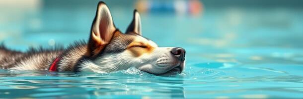 Relaxed Husky Dog Swimming and Floating in a Refreshing Blue Pool Under Sunlight on a Warm Summer Day photo