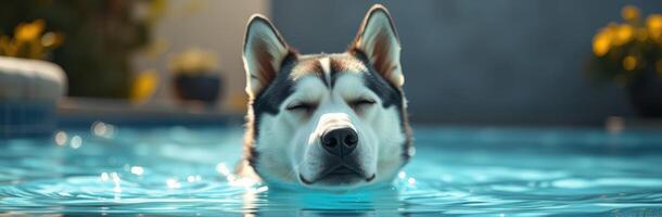 Happy Siberian Husky Dog Swimming in Pool on a Sunny Summer Day photo