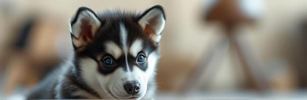 Adorable Fluffy Puppy Face. Close-Up of a Cute Siberian Husky in Natural Light with Playful Expression photo